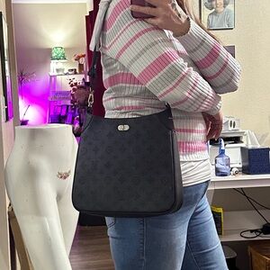 Black Embossed Leather Shoulder Bag with Silver Hardware